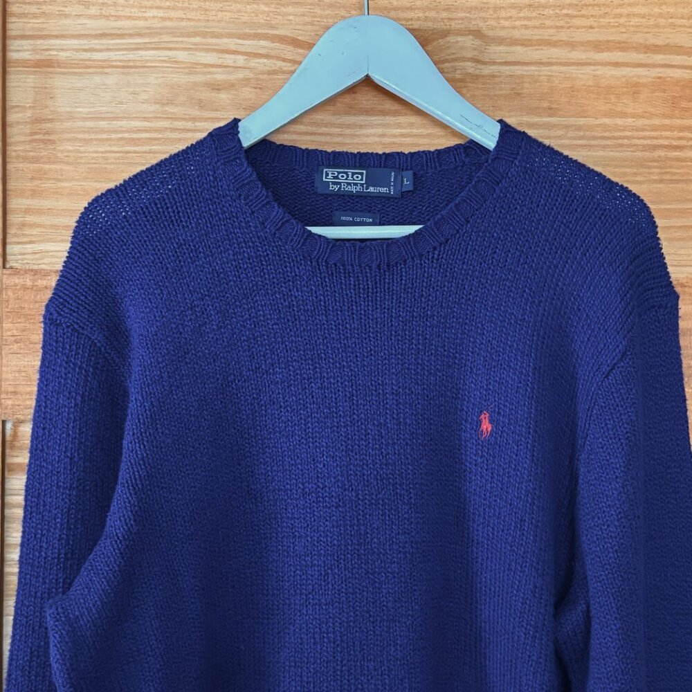 Polo Ralph Lauren Vtg 90s Hand Knit Blue 100% Cotton Crew Sweater Men's size L